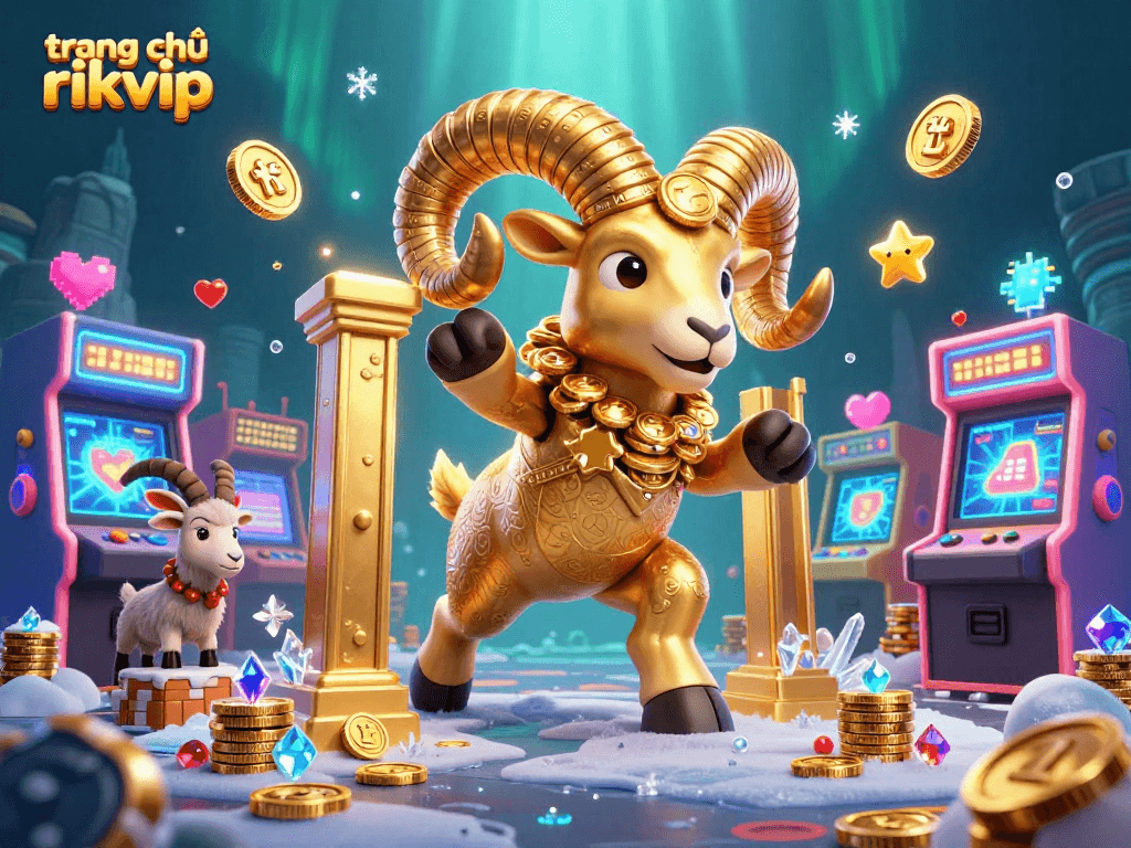 Engage with the vibrant scene at trang chủ rikvip featuring the golden ram charging at a casino gate surrounded by arcade elements.