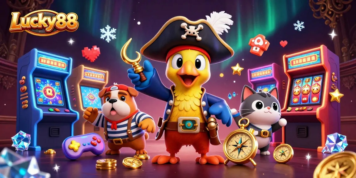 Experience the excitement of Lucky88 with vibrant casino-themed characters and games in this dynamic 3D illustration.