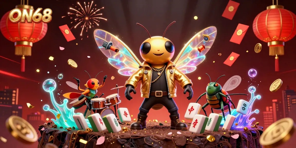 Experience thrilling jackpots at ON68 with a 3D illustration of casino characters and festive game elements.
