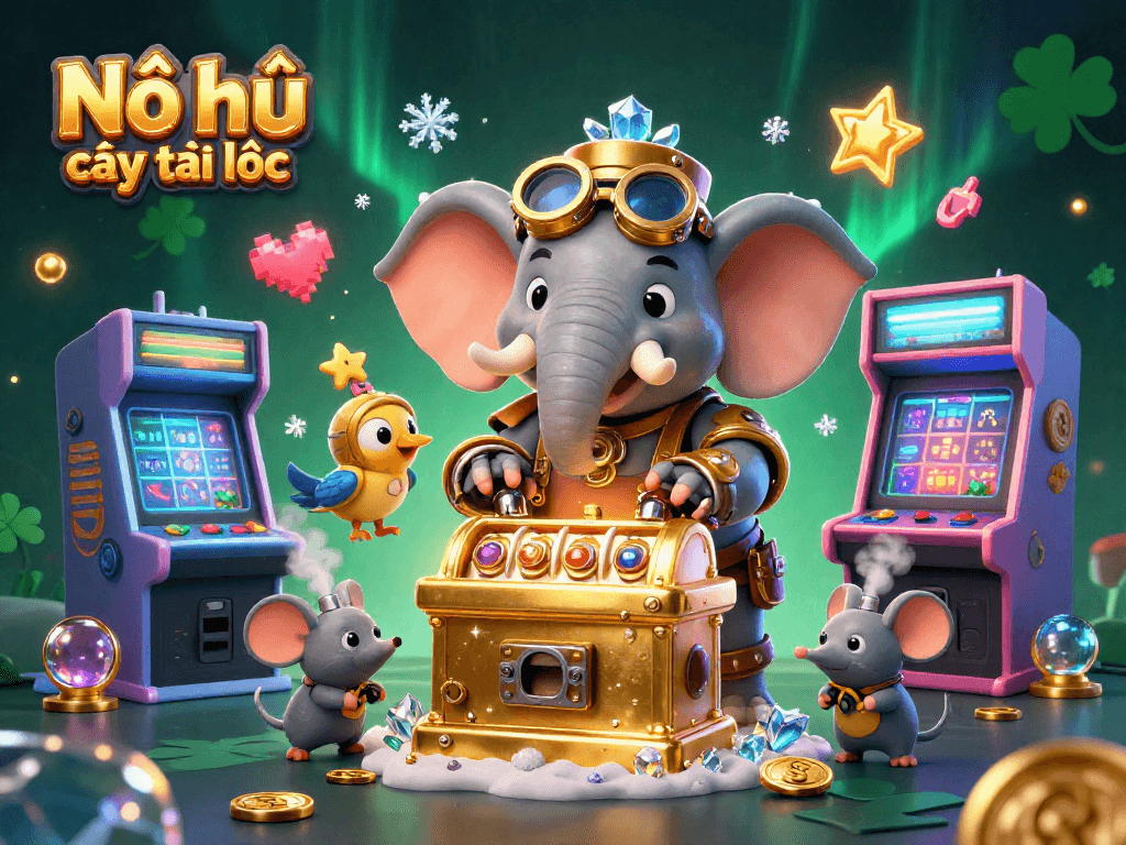 Nổ hũ cây tài lộc showcases a whimsical steampunk elephant operating a slot machine amidst colorful gaming elements.