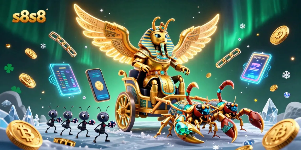 User spins the reels at s8s8 casino, with a vibrant atmosphere of gold and crypto elements surrounding them.