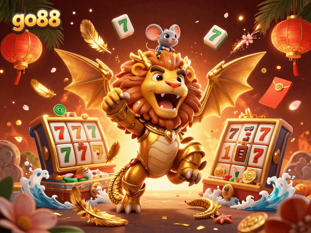 Experience the thrill of go88 with a dazzling 3D chimera and vibrant casino elements.