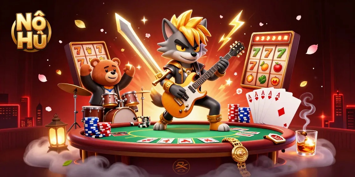 Nổ Hũ showcases an electrifying casino performance with a cartoon wolf rock star shredding a golden sword guitar surrounded by vibrant slot reels.