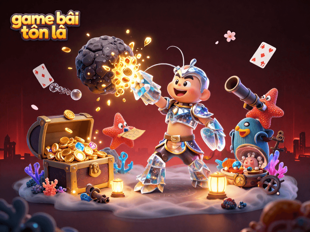 Unleash excitement playing game bài tiến lên, with dynamic 3D characters surrounded by treasures and cards.