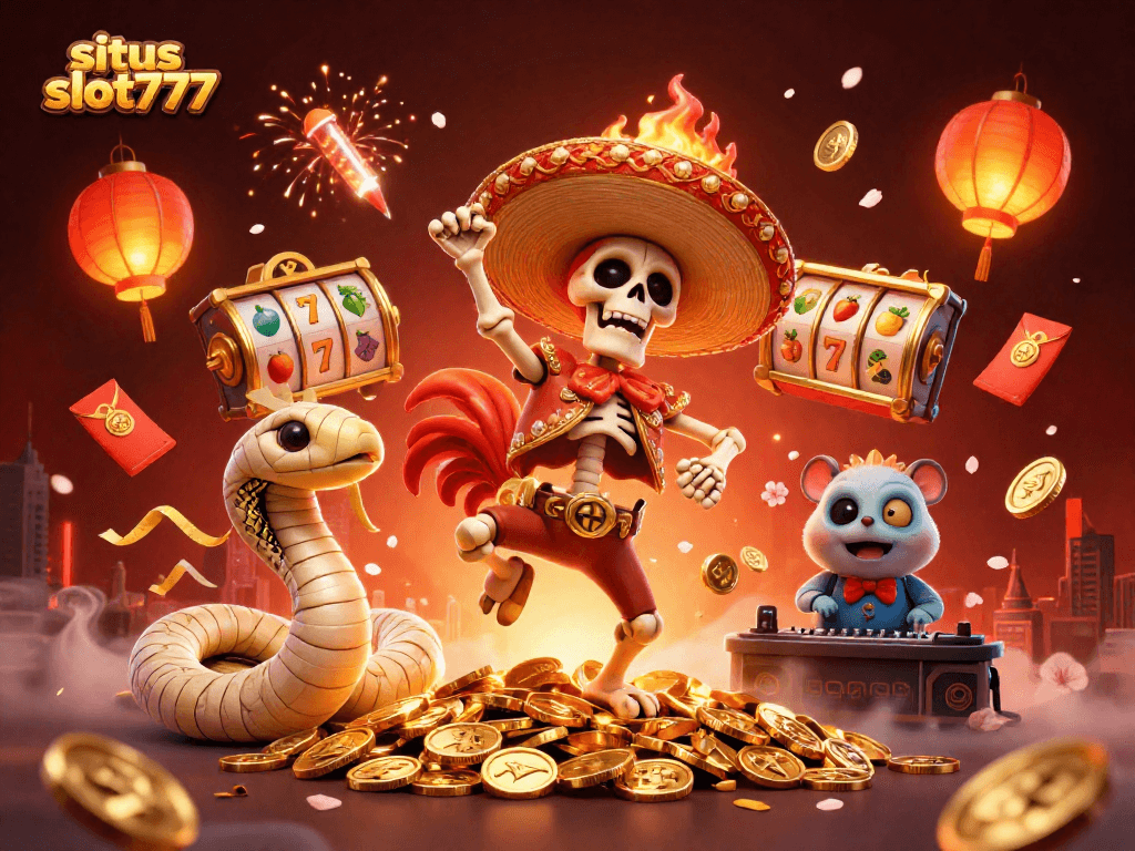 Spin and win with situs slot777 in a vibrant 3D illustration of a skeleton mariachi and friends.