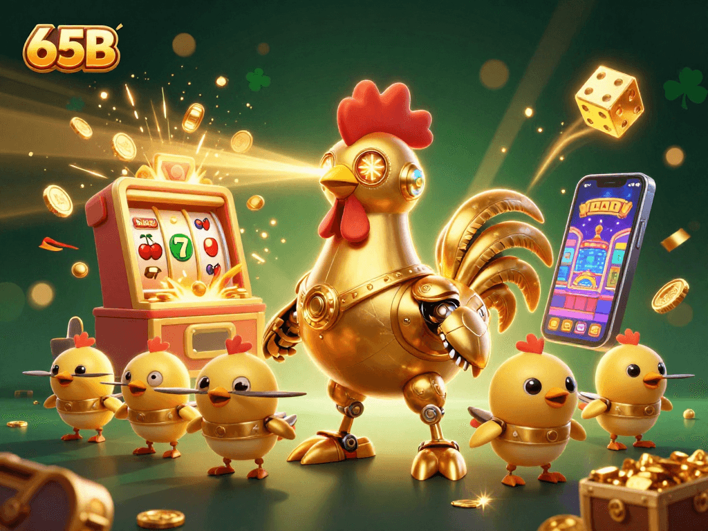 O 65B apresenta um robô galinha dourado robótico em uma cena de cassino vibrante.