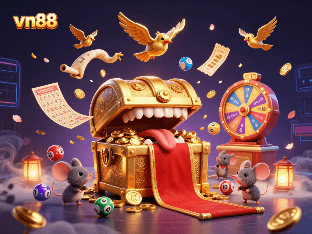 Experience the thrill of vn88 with vibrant lottery balls and a whimsical treasure chest illustration.