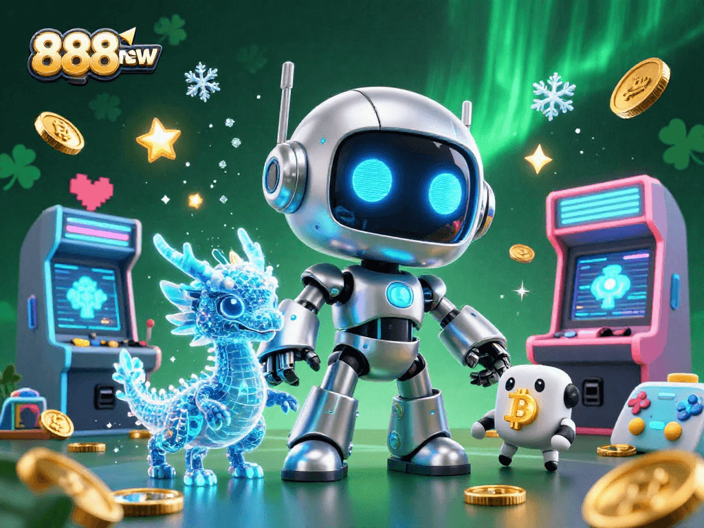 Experience the vibrant world of 888new where a cyberpunk robot navigates a lively casino landscape.