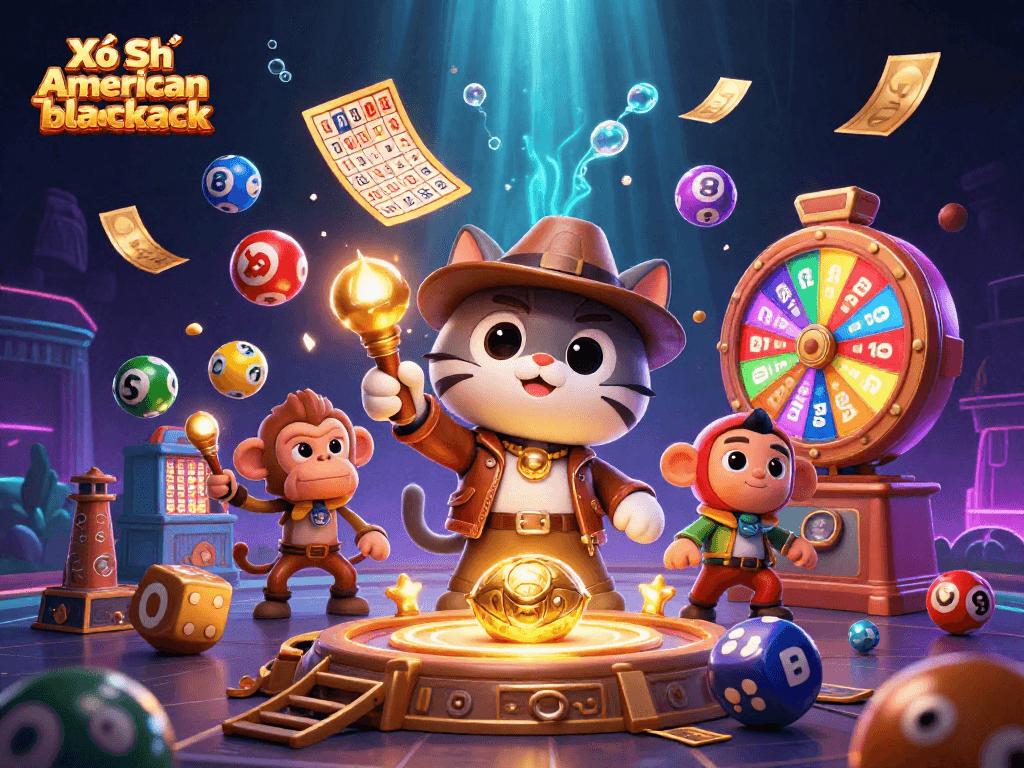 Xổ Số american blackjack themed 3D illustration, featuring an archaeologist cat discovering treasures amidst colorful lottery elements.