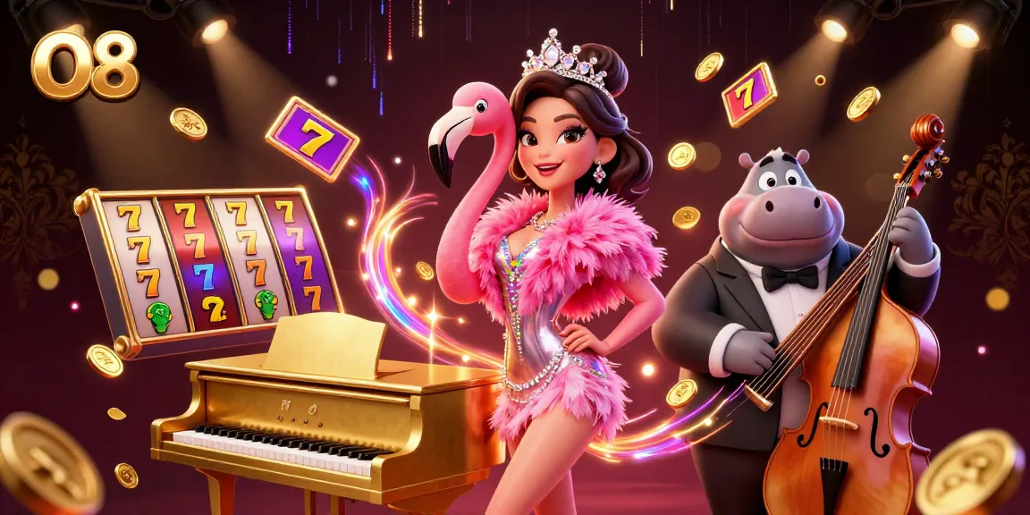 Experience O8's vibrant 3D casino scene with a flamboyant flamingo singer and hippo bassist amidst slot jackpots.