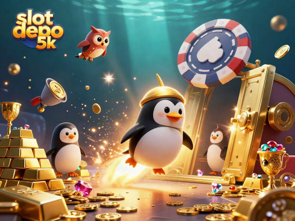 Experience thrilling gameplay with slot depo 5k, featuring a golden penguin and casino elements bursting with excitement.