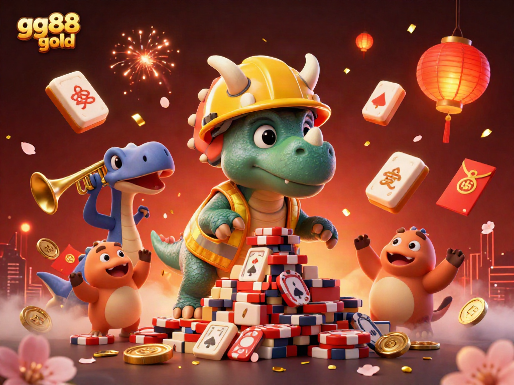 Engage with gg88 gold's vibrant casino scene featuring triceratops and exciting gaming elements, celebrating wins.