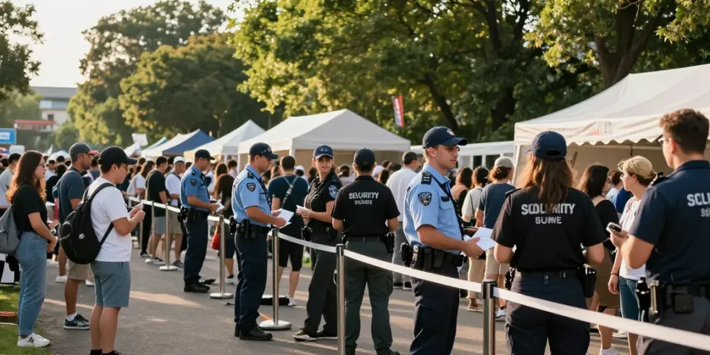 Event Security professionals ensuring safety at a local festival, trusted service, community-focused.