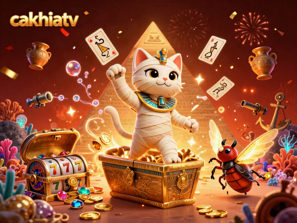 Experience the thrill of cakhiatv as a mummy cat bursts into a vibrant casino scene filled with treasures.