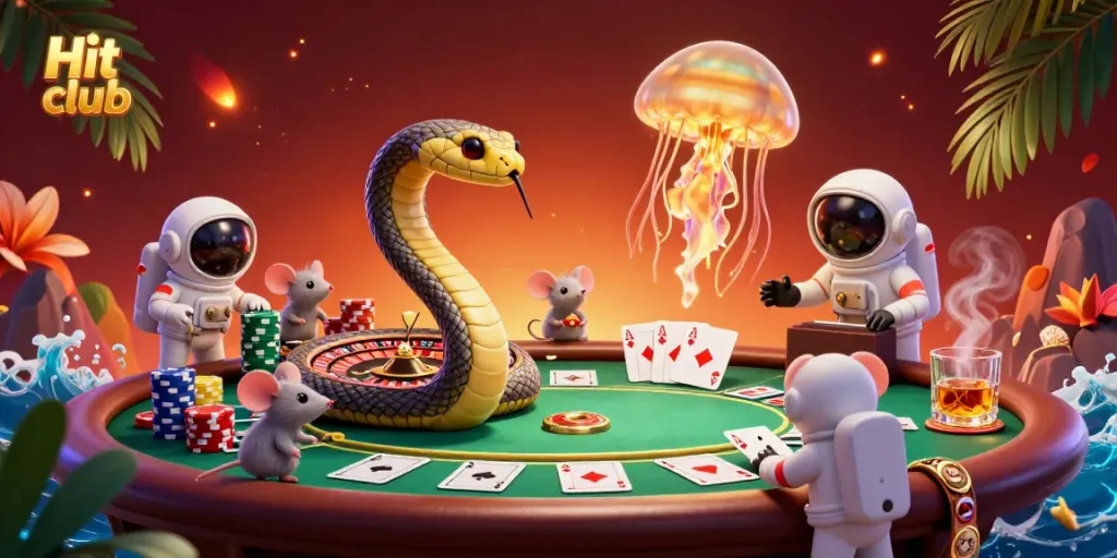 Experience the thrill of Hit club with dynamic casino elements like poker chips and astronaut mice betting in a cosmic scene.