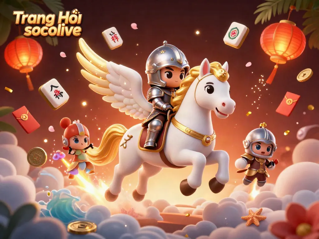 Experience the excitement of Trang Chủ socolive with a magical 3D illustration portraying a celestial horse and knight amidst vibrant game elements.