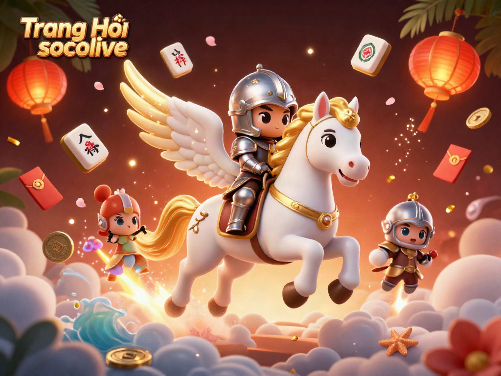 Experience the excitement of Trang Chủ socolive with a magical 3D illustration portraying a celestial horse and knight amidst vibrant game elements.