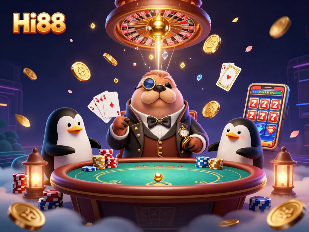 Hi88 players indulge in a vibrant underwater poker game, showcasing unique characters and lavish casino elements.