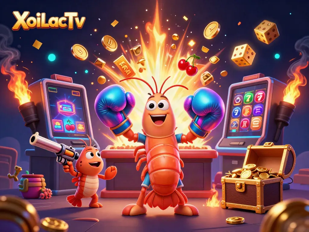 XoiLacTv showcases a vibrant 3D scene with a mantis shrimp and slots, spinning for wins.