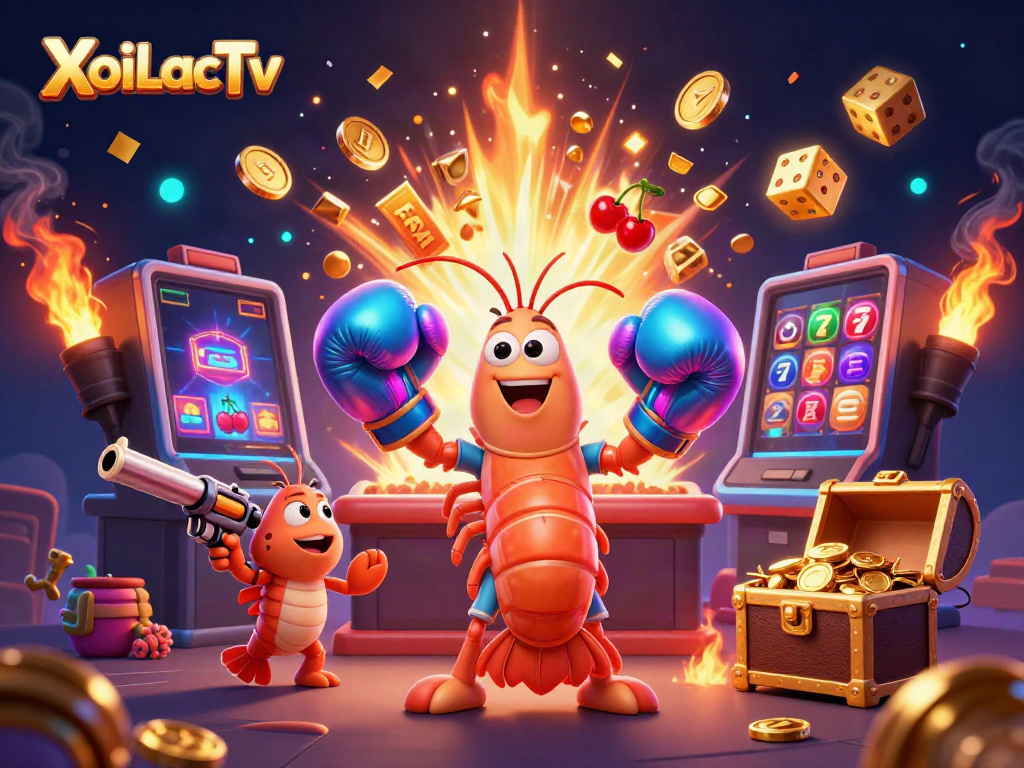 XoiLacTv showcases a vibrant 3D scene with a mantis shrimp and slots, spinning for wins.