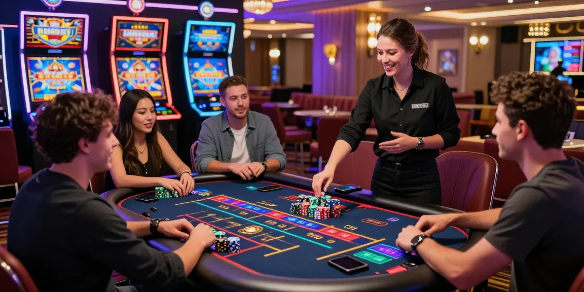 Engaged players at a modern crypto casino with vibrant lights and gaming tables.