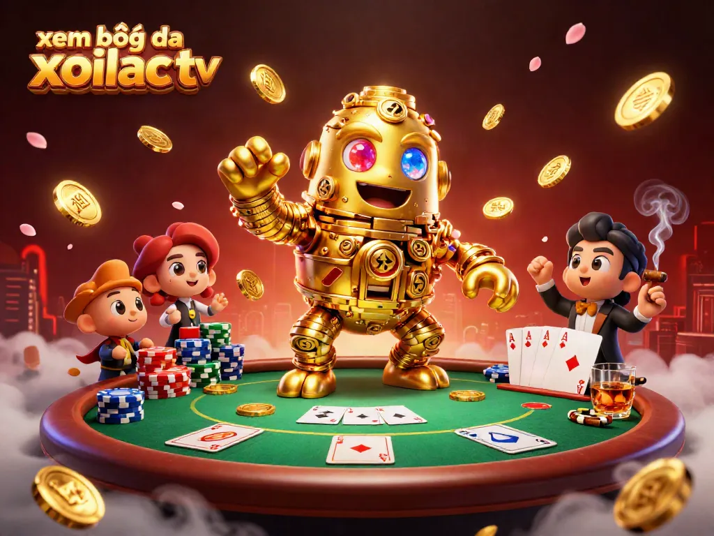 Xem bóng đá xoilac tv themed illustration featuring a 3D golden golem and vibrant poker elements.