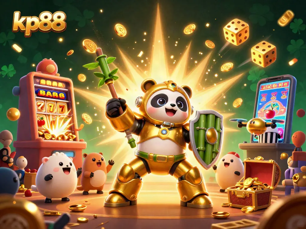 Engage with kp88's vibrant gambling world, featuring a golden panda in a mech-suit amidst a flurry of casino game elements.