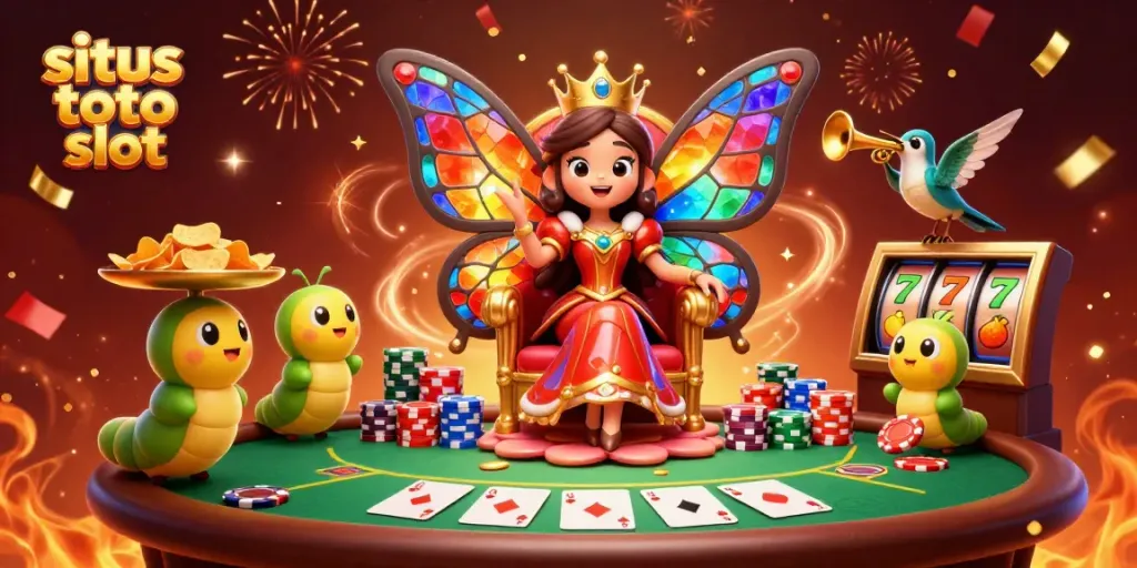 Experience situs toto slot with vibrant 3D illustration of a butterfly queen amid casino elements.