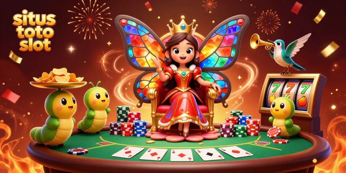 Experience situs toto slot with vibrant 3D illustration of a butterfly queen amid casino elements.
