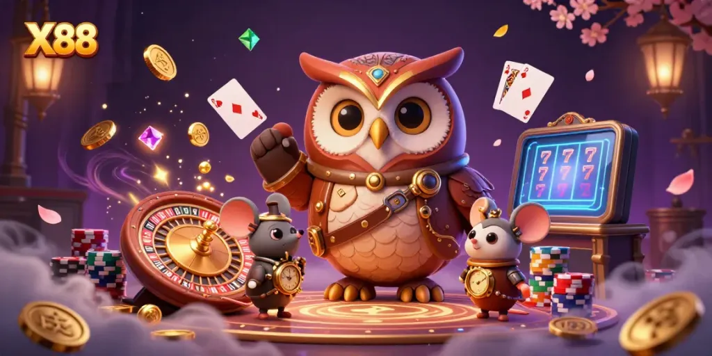 Engage with X88 in a vibrant casino scene featuring a steampunk owl and dynamic gaming elements.