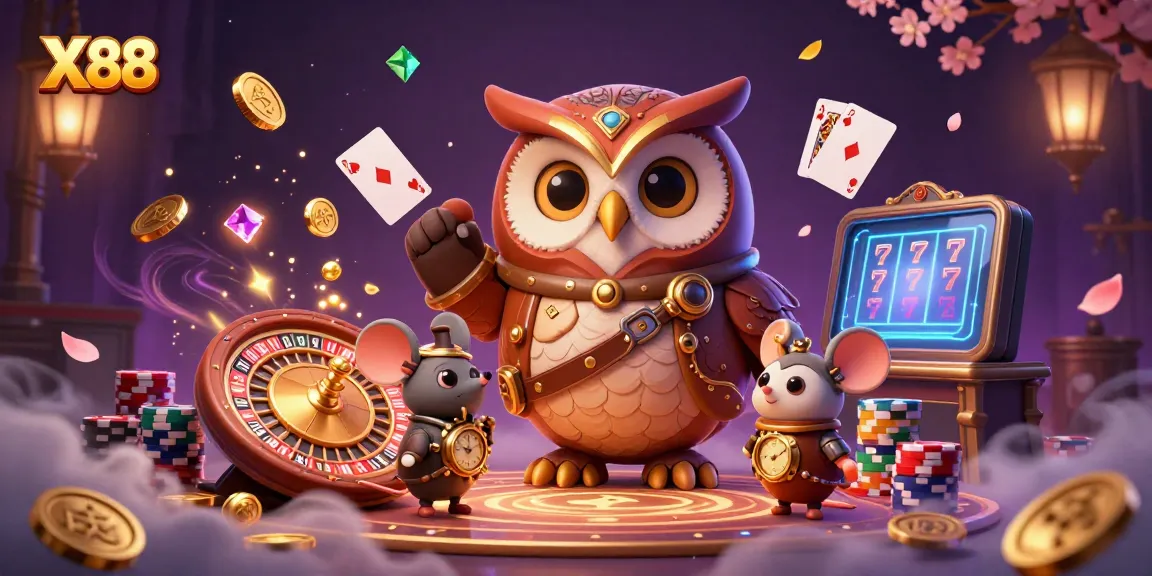 Engage with X88 in a vibrant casino scene featuring a steampunk owl and dynamic gaming elements.