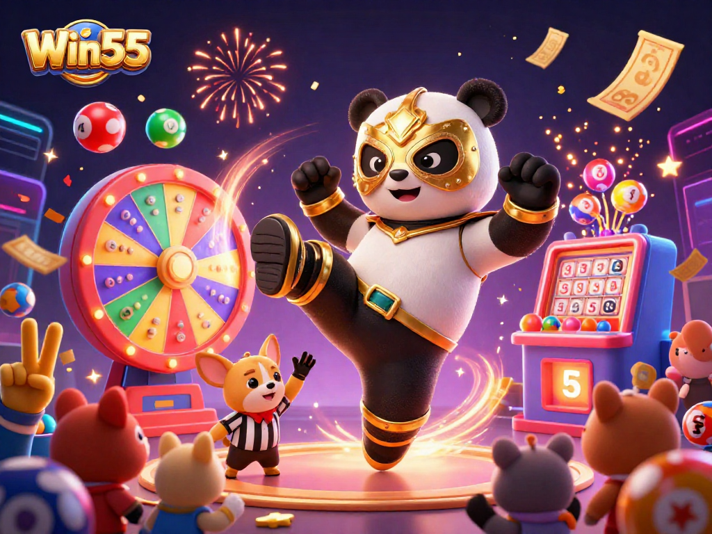 Win55 lottery excitement in a lively 3D scene with colorful balls and cheering spectators.