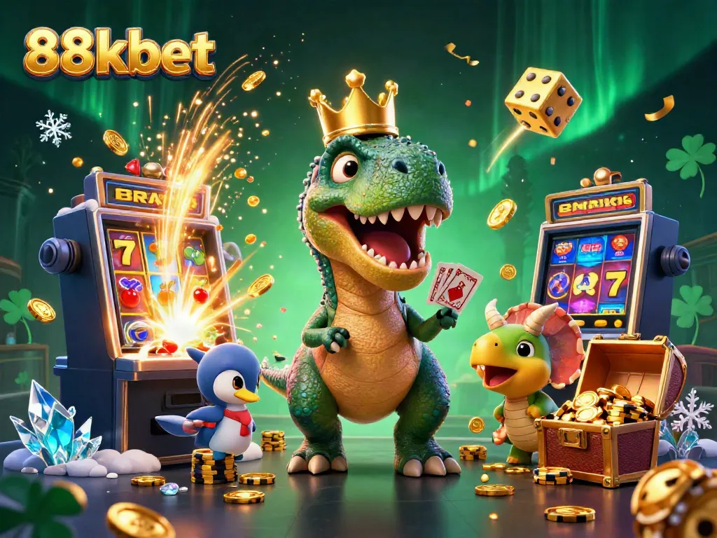 Experience the vibrant world of 88kbet as a T-Rex and friends celebrate with slot machines and golden chips.
