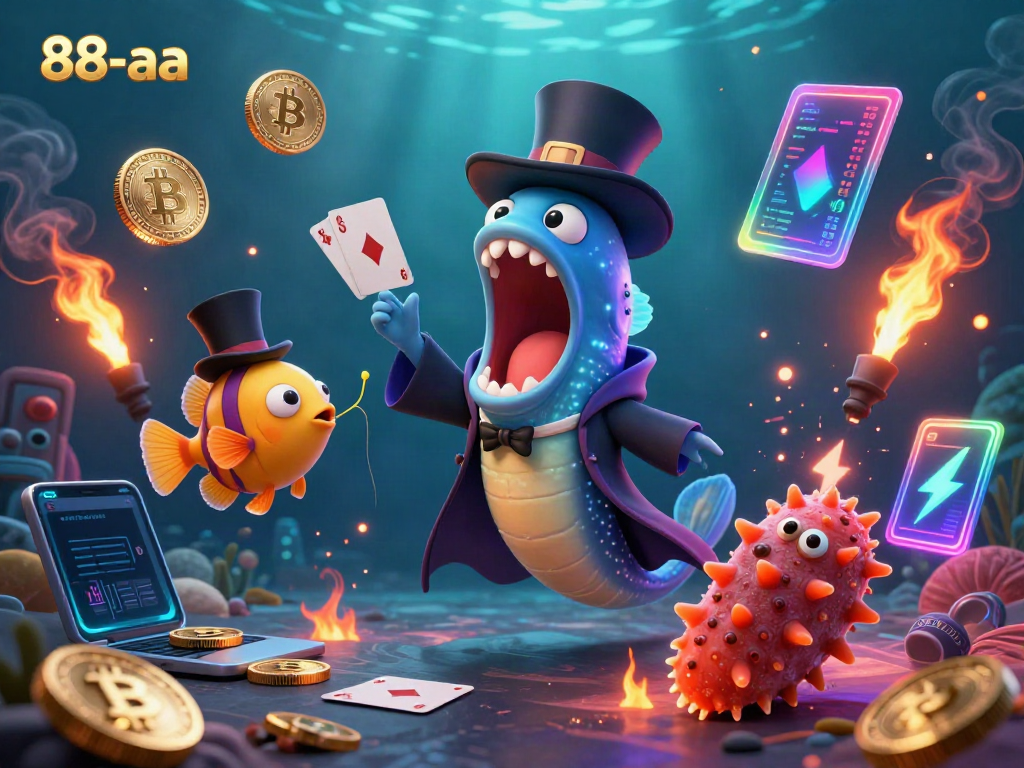 Experience the thrilling magic of 88-aa with unique casino characters performing card tricks underwater, showcasing vibrant casino elements.