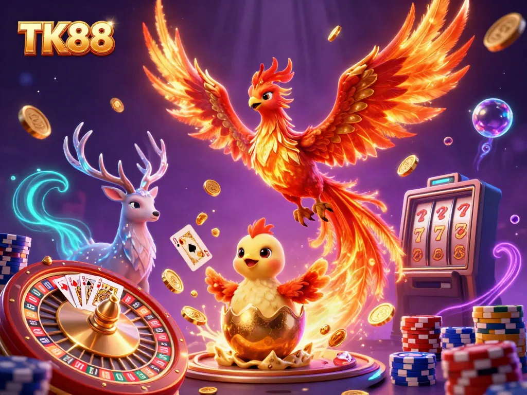 Engage with TK88's vibrant casino illustration showcasing a phoenix among golden coins and cards.