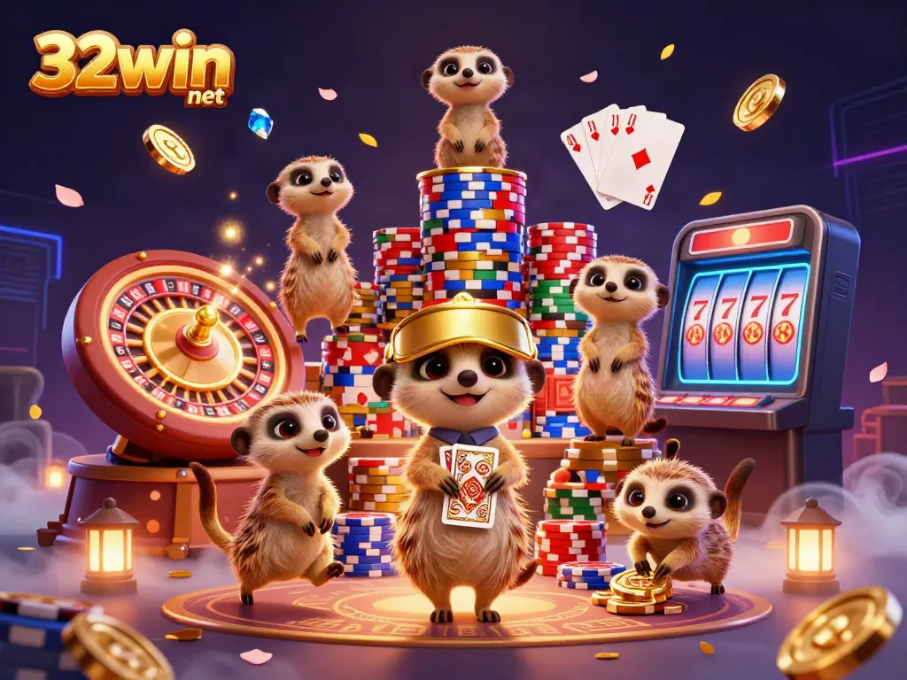 Engage in exciting gameplay at 32win net with meerkats running a vibrant casino, filled with action and vivid casino elements.
