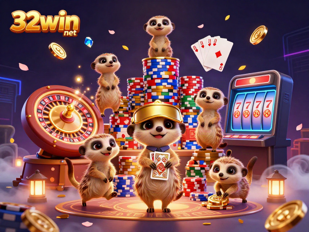 Engage in exciting gameplay at 32win net with meerkats running a vibrant casino, filled with action and vivid casino elements.