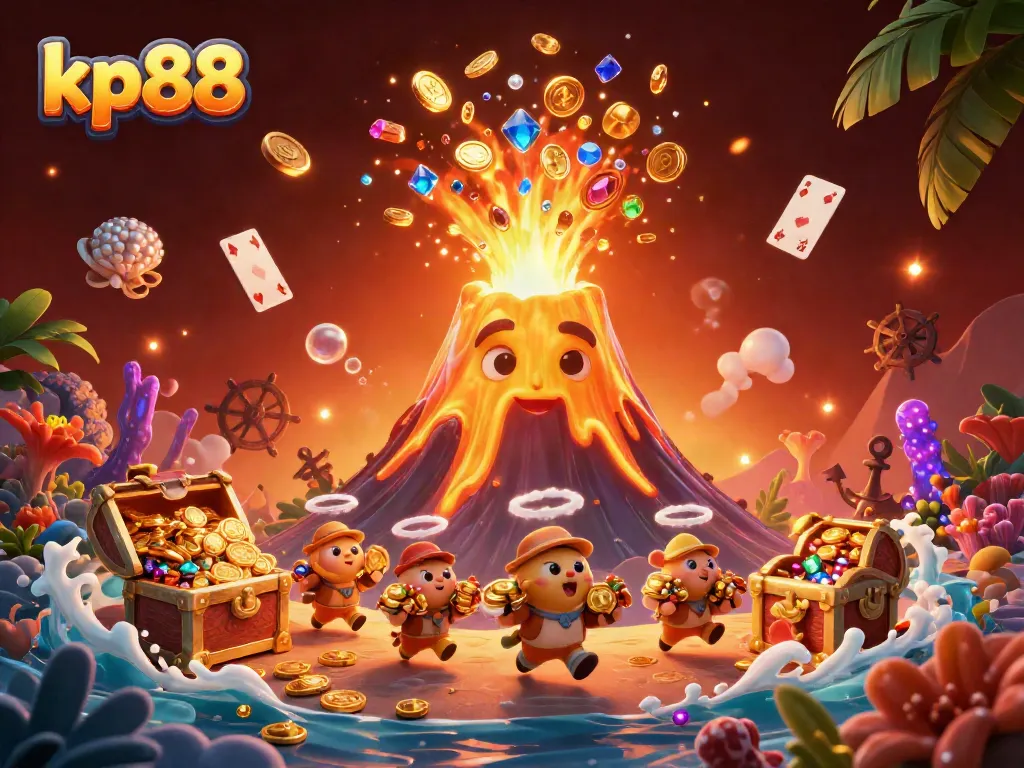 Experience kp88's thrilling wins with a golden volcano erupting treasures in a vibrant casino scene.
