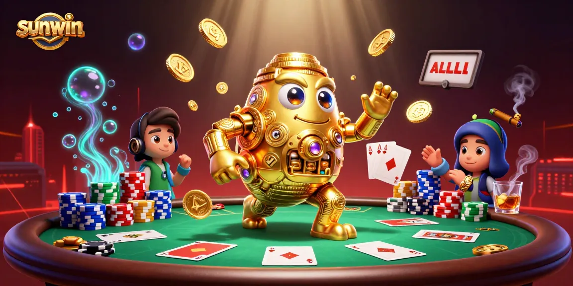 Engage in thrilling gameplay with sunwin's animated golden golem amidst vibrant casino elements.