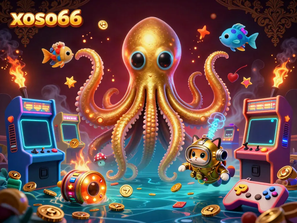 Engage with xoso66's vibrant online gaming scene featuring a kraken, diving cat, and glowing game elements.