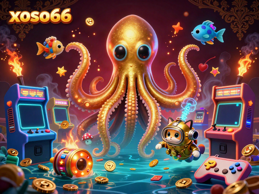 Engage with xoso66's vibrant online gaming scene featuring a kraken, diving cat, and glowing game elements.