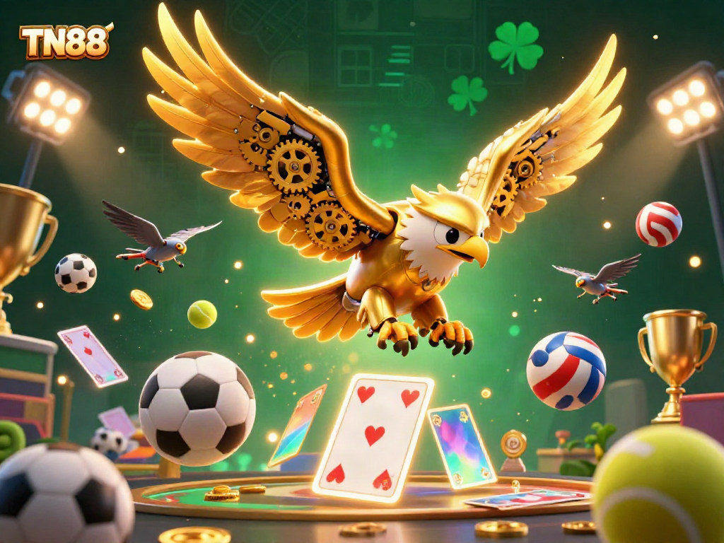 Experience the excitement of TN88 casino with dynamic gambling elements and a cybernetic eagle.