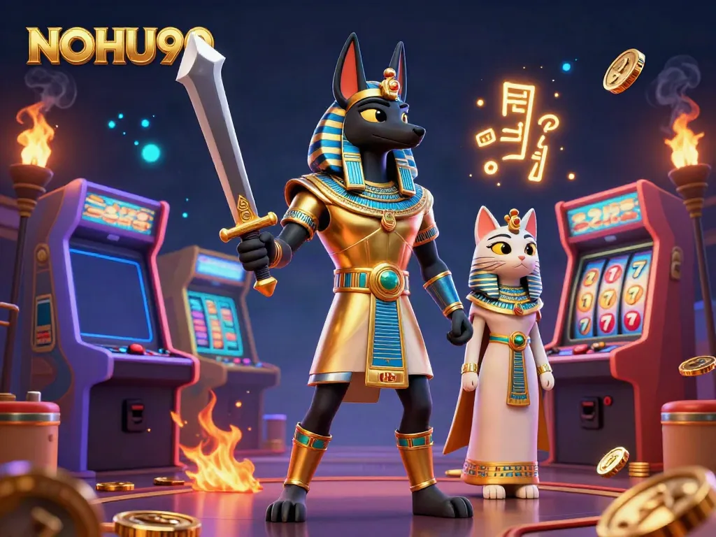 Experience thrilling wins with NOHU90 in a vibrant 3D casino scene featuring ancient warriors and arcade gaming elements.
