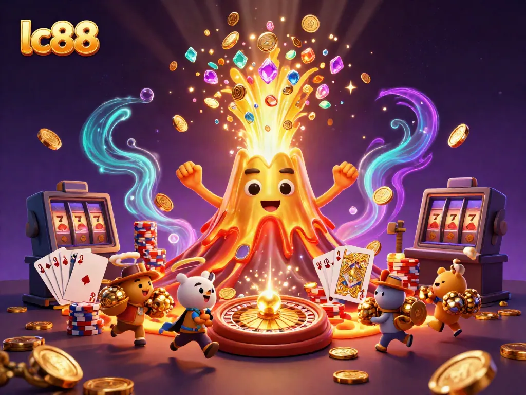 Experience the excitement at lc88 with vibrant casino visuals and dynamic treasure flows in this 3D illustration.
