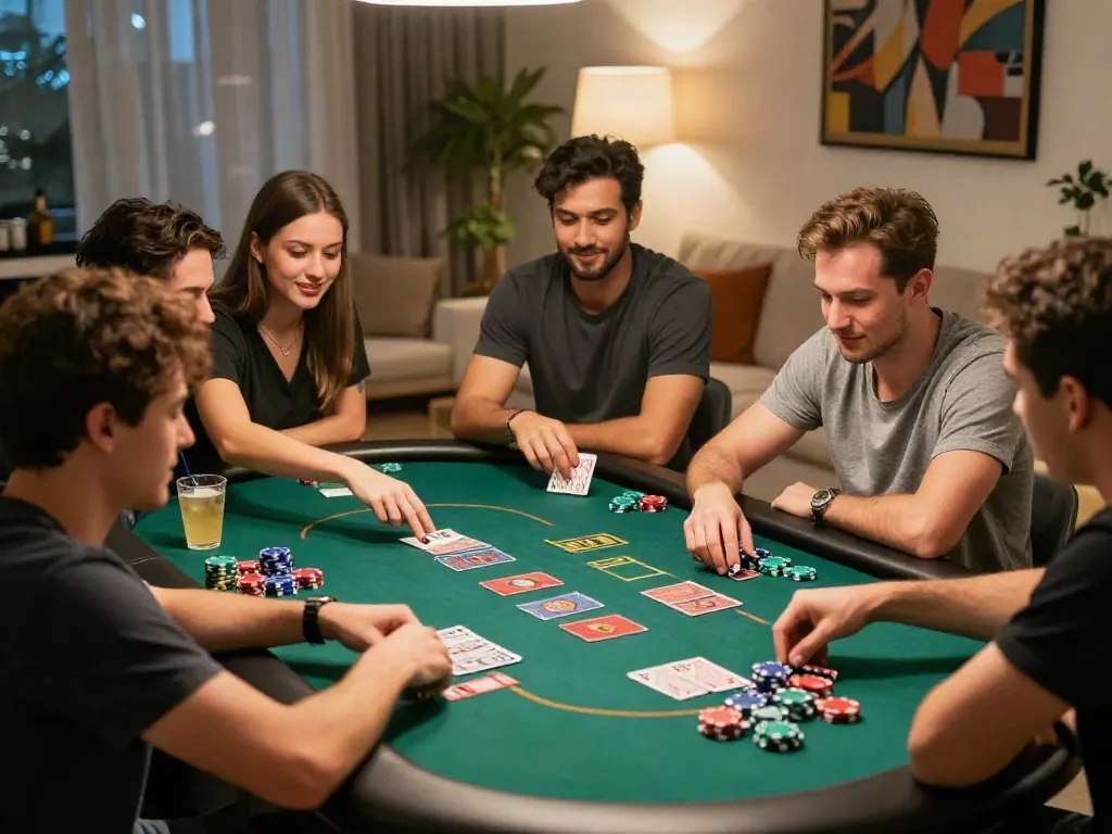 Group of friends enjoying card games at a stylish home casino setup, highlighting online casinos that accept credit cards.