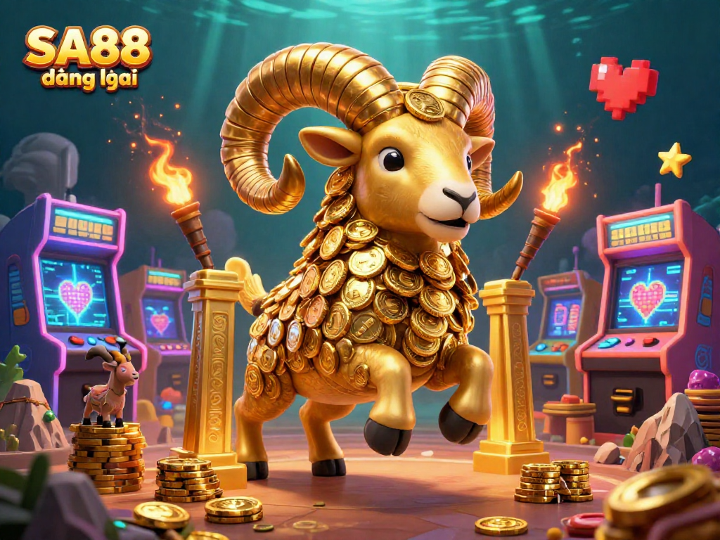 Experience the excitement of SA88 đăng nhập with a vibrant 3D casino scene, featuring a golden ram charging towards a jackpot.