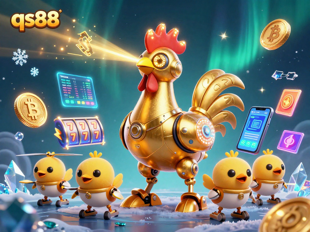 Engage with qs88's vibrant casino world featuring the golden rooster robot and crypto elements.