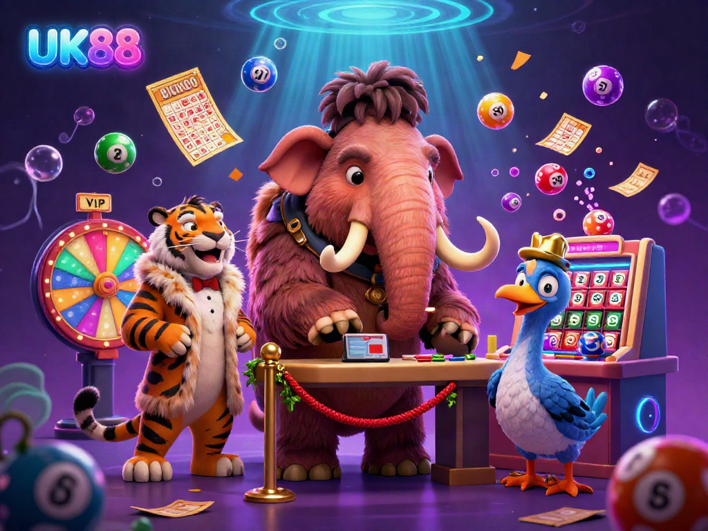 Experience UK88's vibrant casino world with a woolly mammoth bouncer, saber-tooth tiger VIP, and dodo doorman.