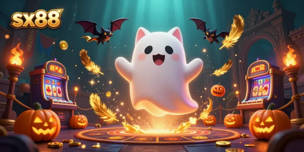 Experience thrilling gameplay with sx88 featuring a ghost cat in a haunted casino environment.