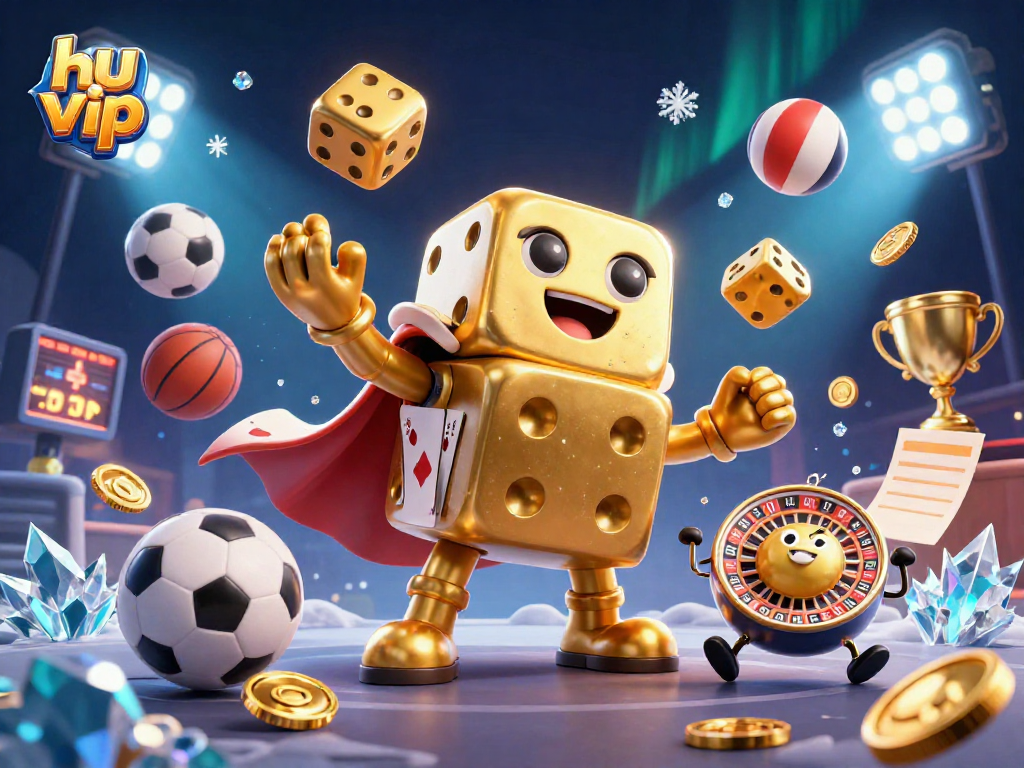 Engage with hu vip by winning golden dice and sports-themed excitement in a dynamic 3D scene.